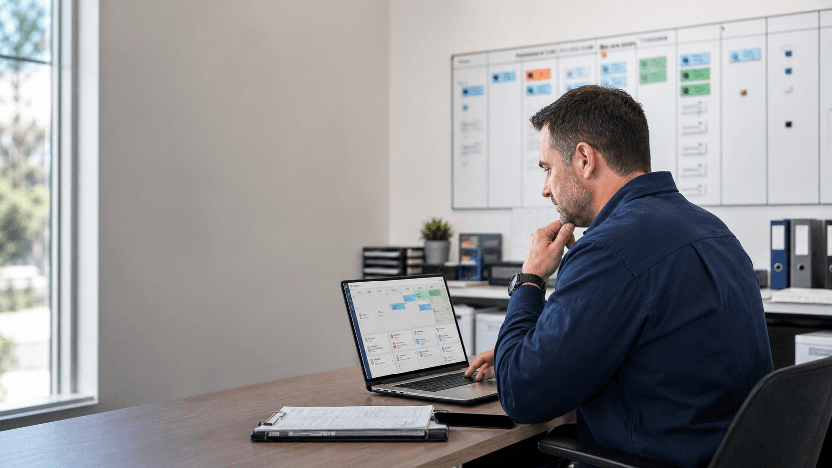 HVAC owner reviewing weekly results between jobs